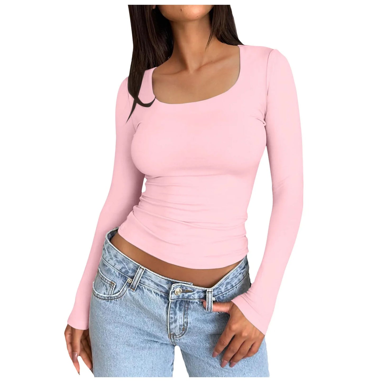 Women Long Sleeve Round Neck Crop Top basic solid tight slim women's plain T-Shirt.