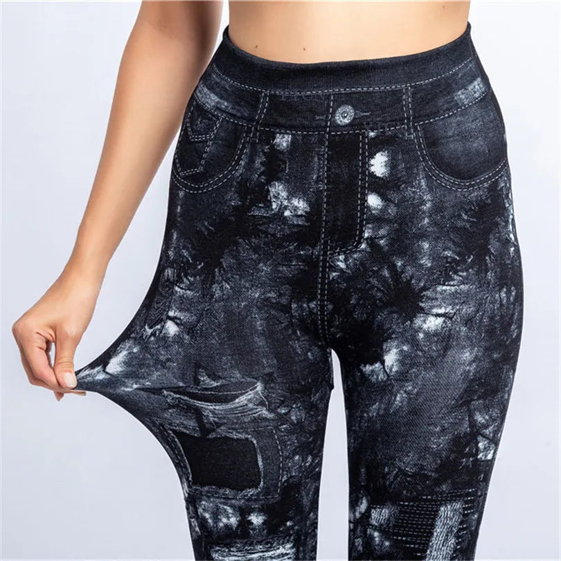 CUHAKCI Slim Women Leggings Faux Denim Jeans High Waist Elastic Fitness Sports Workout Running Push Up Leaf Print Trousers