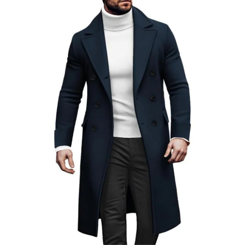 Men Long Double-breasted Coat with Lining Warm Type Wool Blend Lapel Casual Eu Size Customized overcoat