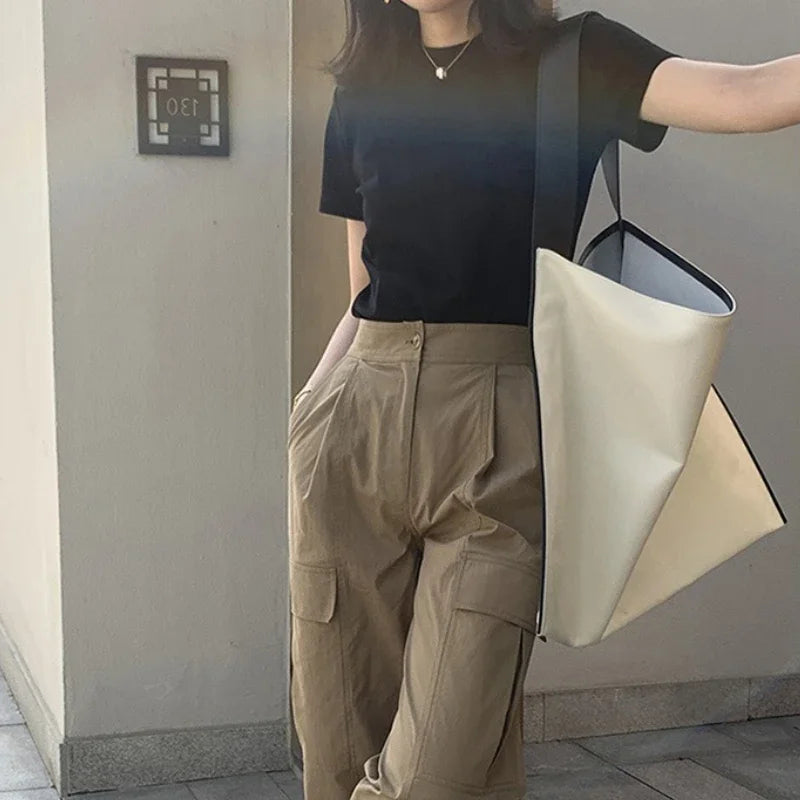 Summer T Shirts For Women cream Casual Korean Streetwear Basic Solid Young Cool free-sized Tops 2025