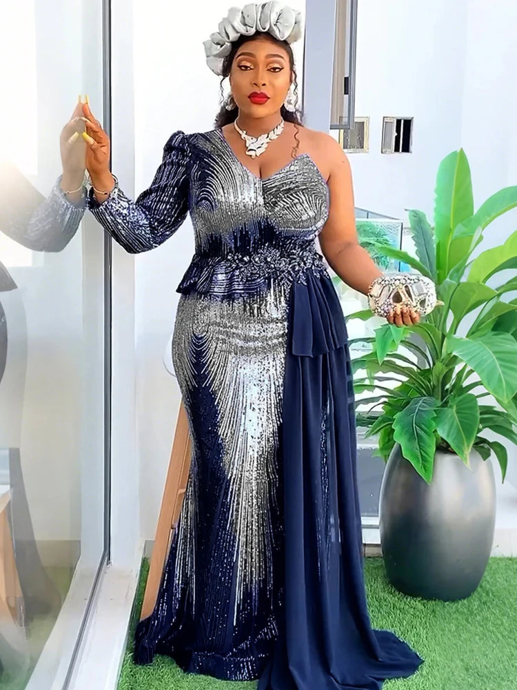 NoEnName_Null Women's Asymmetrical Sequin A-Line Floor-Length Dress – Slim Fit, High Stretch, All-Season Polyester