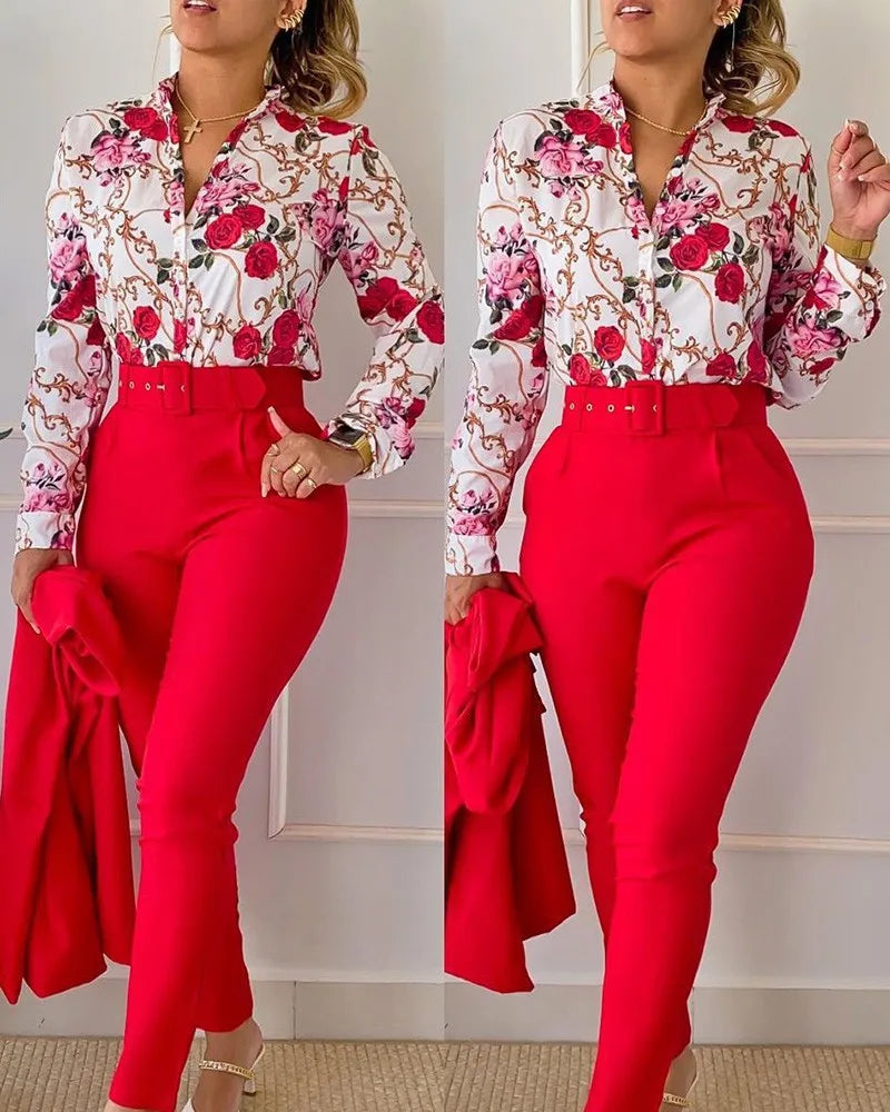 Fashion Printed Long Sleeved Women Suit Autumn and Winter Slim Fit Elegant Female Office 2 Piece Set