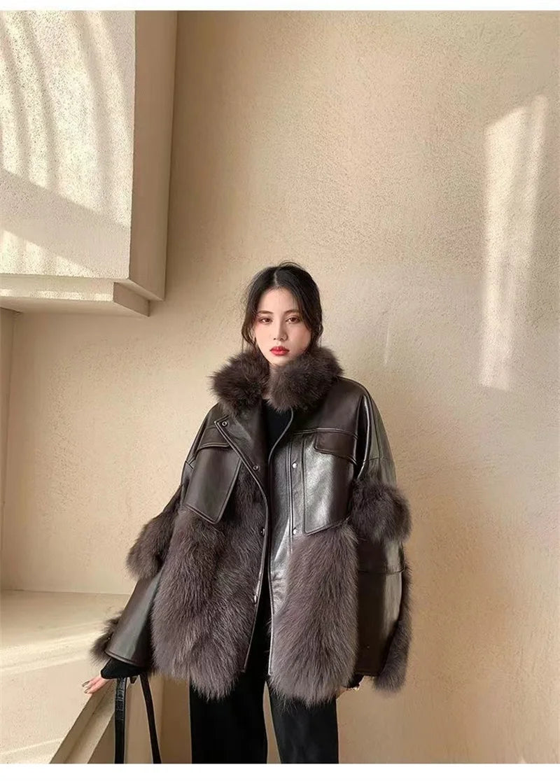 Retro Coffee Fur Coat  2024 Winter Loose Korean Version Fashionable Imitation for wome Fox Fur Thickened Haining High-end Coat