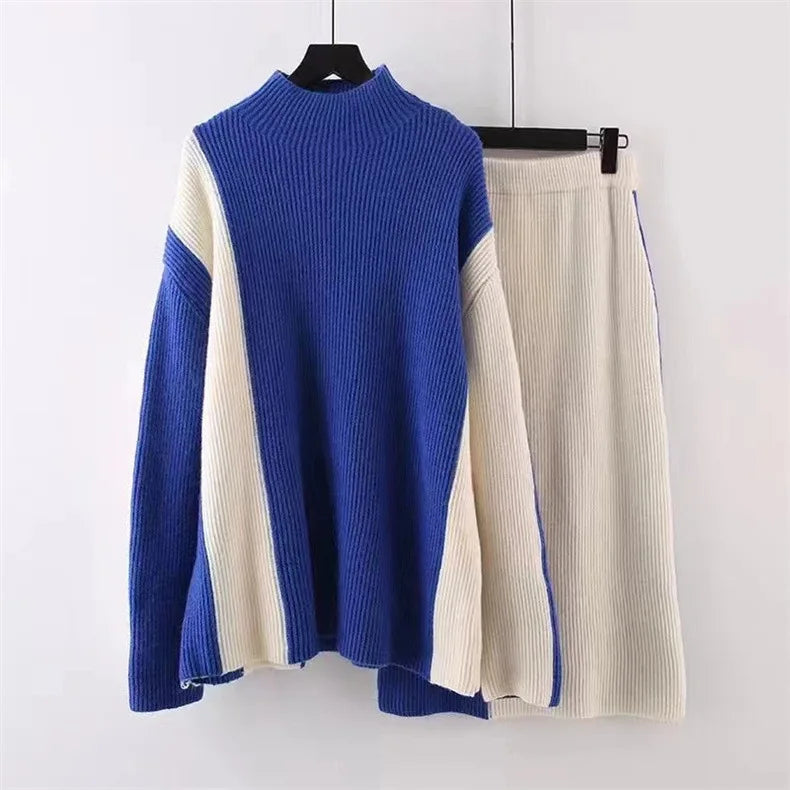 [EWQ] Contrast Colors Long Sleeve Turtleneck Sweater And High Waist Skirt Knit Women Set Clothes 2024 Autumn New Fashion