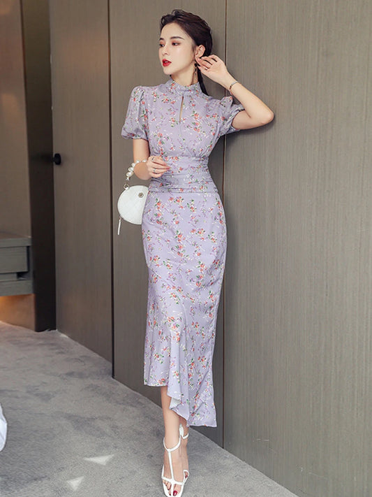 MingJieBiHuo Women's Sweet Asymmetrical Print Dress with Puff Sleeves – Summer Collection