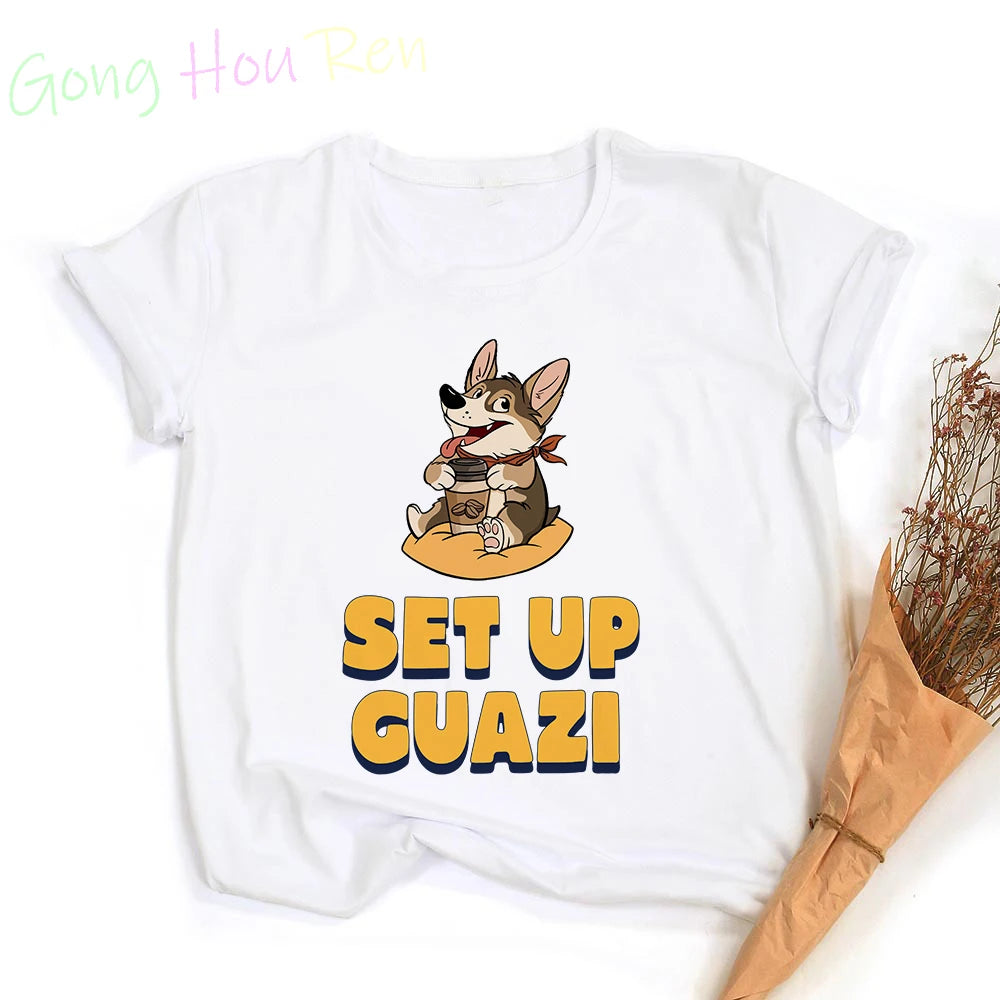Gong Hou Ren Women’s Corgi Cartoon Graphic T-Shirt – Summer 2024 Collection