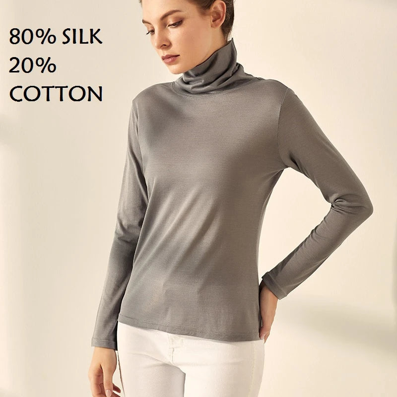 80 silk tops for women top long sleeve tops turtle neck clothing woman