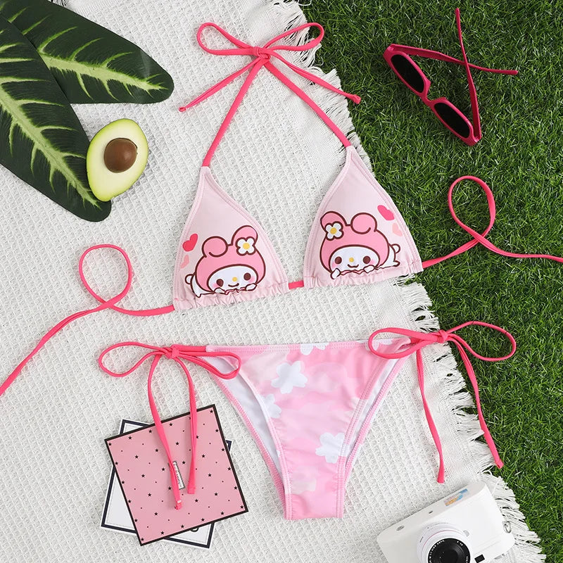 Anime Hello Kitty 2Pcs Underwear for Girls Cartoon Bikini Swimsuit with Breast Pads Fashion Ladies Bra Briefs