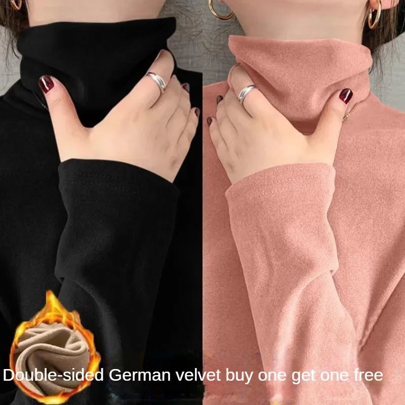 Fashion Fleece Casual Solid Plush Strecth T-Shirts Turtleneck Women High Collar Thick Autumn and Winter Basic Tops Undershirt