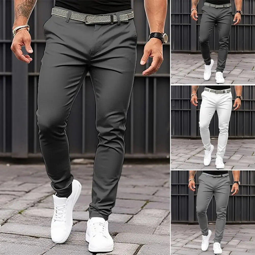 Slim Fit Pants Men's Solid Colour with Mid-rise Slant Pockets Zipper Fly  ideally for Business Office