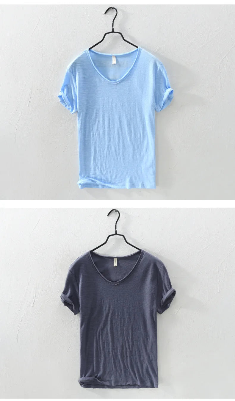 FAVOCENT Men’s V-Neck Bamboo Fiber Cotton-Polyester Casual Tee – Comfortable &amp; Stylish for Summer
