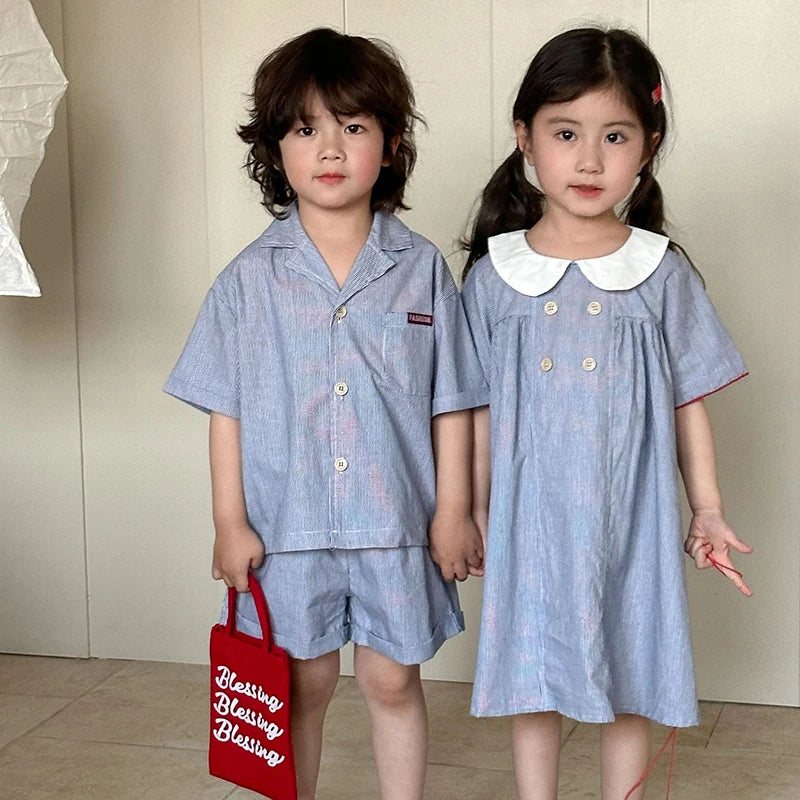 MILANCEL Unisex Summer Cotton Clothing Set for Kids (Ages 4–6) – Striped Short Sleeve Shirt and Shorts