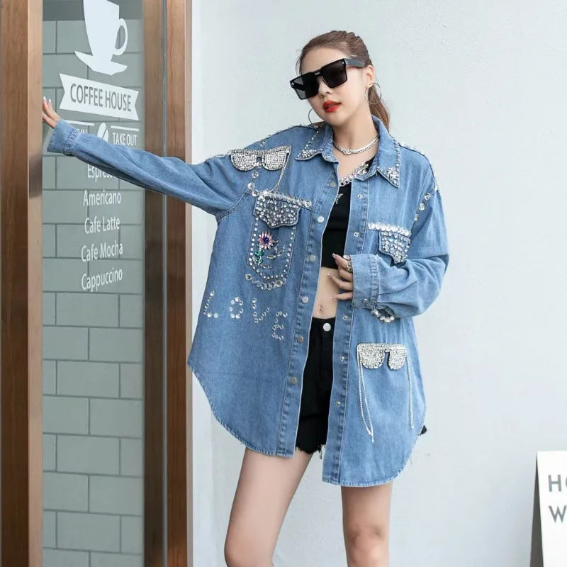 Luxury Women Diamonds Floral Beads Denim Shirts Glasses Fringed Rhinestones Rivets Jeans Bomber Jacket