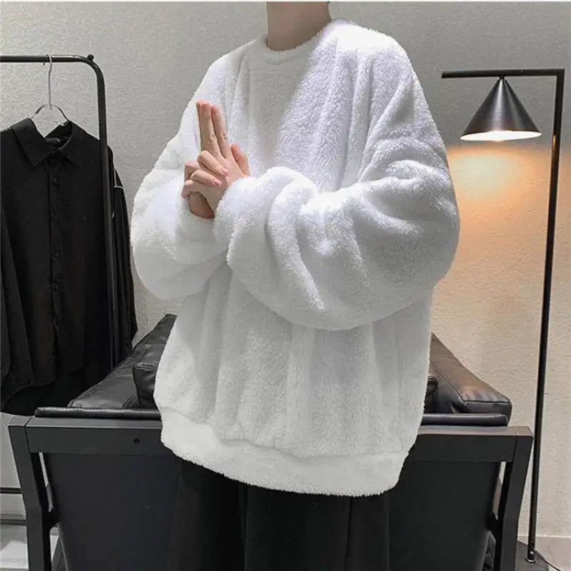 New Flannel Plush Youth Men Sweatshirt Autumn Winter Clothes v-shape Thicken Daily Warm Pullover jumper