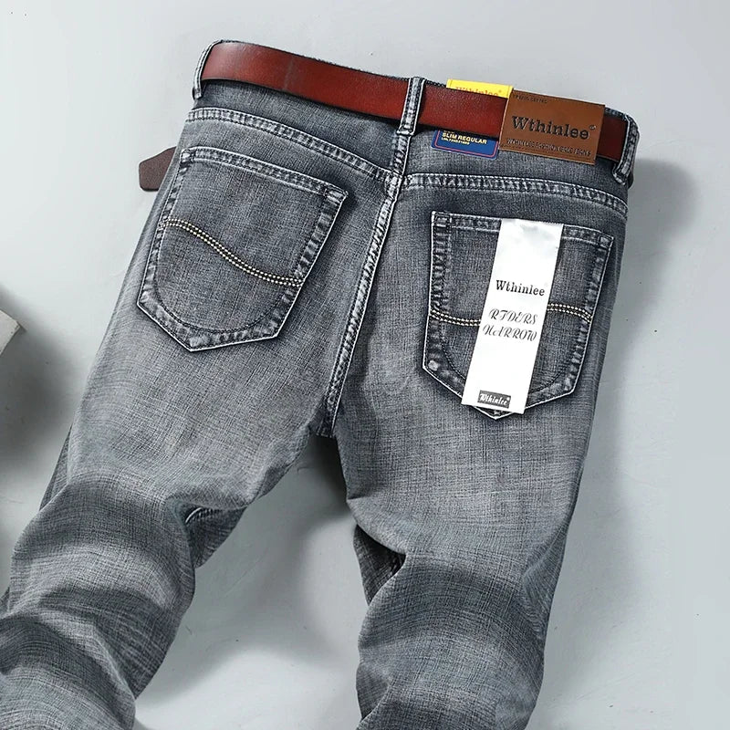 Men  Stretch Jeans Retro Smoke Gray Fit Straight Casual Denim Pants