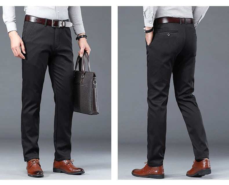 HIQOR Winter Fleece Men's Casual Pants Stretch Solid Business Straight Trousers ideally for Office .