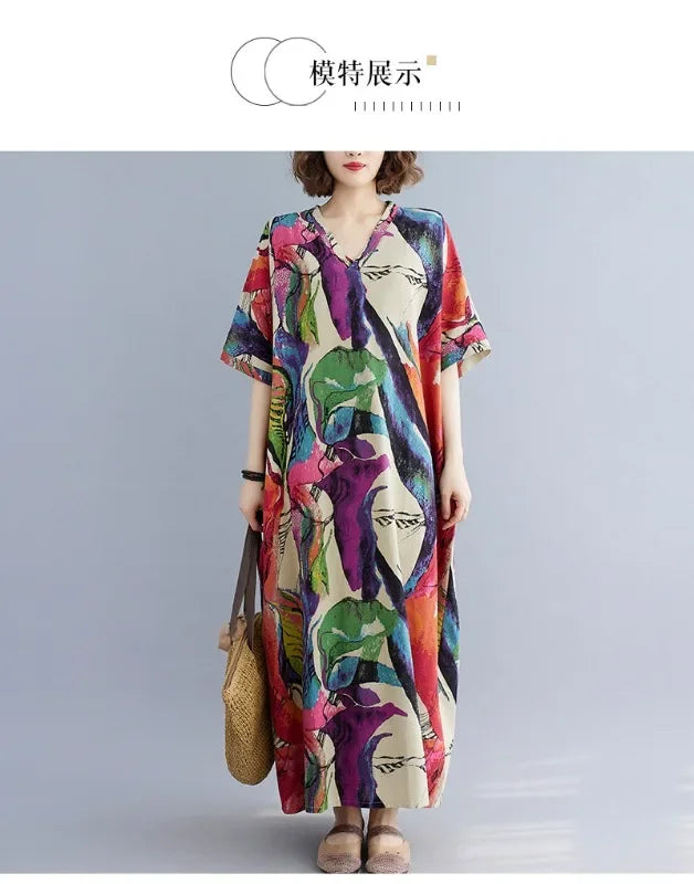 Boho Floral Cotton-Linen Summer Dress for Women – Ankle-Length, Loose Fit, O-Neck