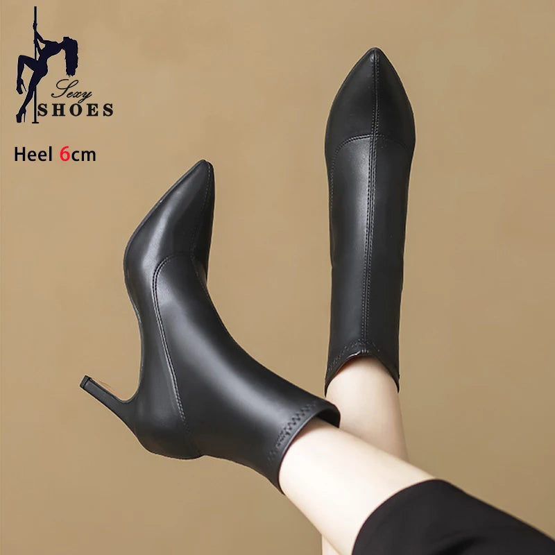 Autumn Winter Women Ankle Boots 6CM 8CM Toe Sock Boots Elegant Lady Black Thick Heels Female Short Booties