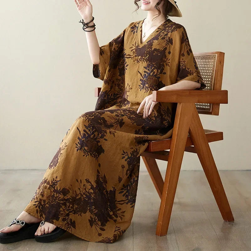 Boho Floral Cotton-Linen Summer Dress for Women – Ankle-Length, Loose Fit, O-Neck