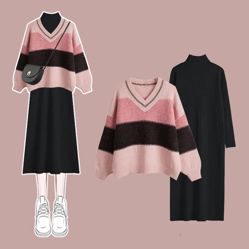 Women's Autumn  and Winter Casual Daily Joker V-Neck Pink Loose Knit Tops Black Dress Outfits