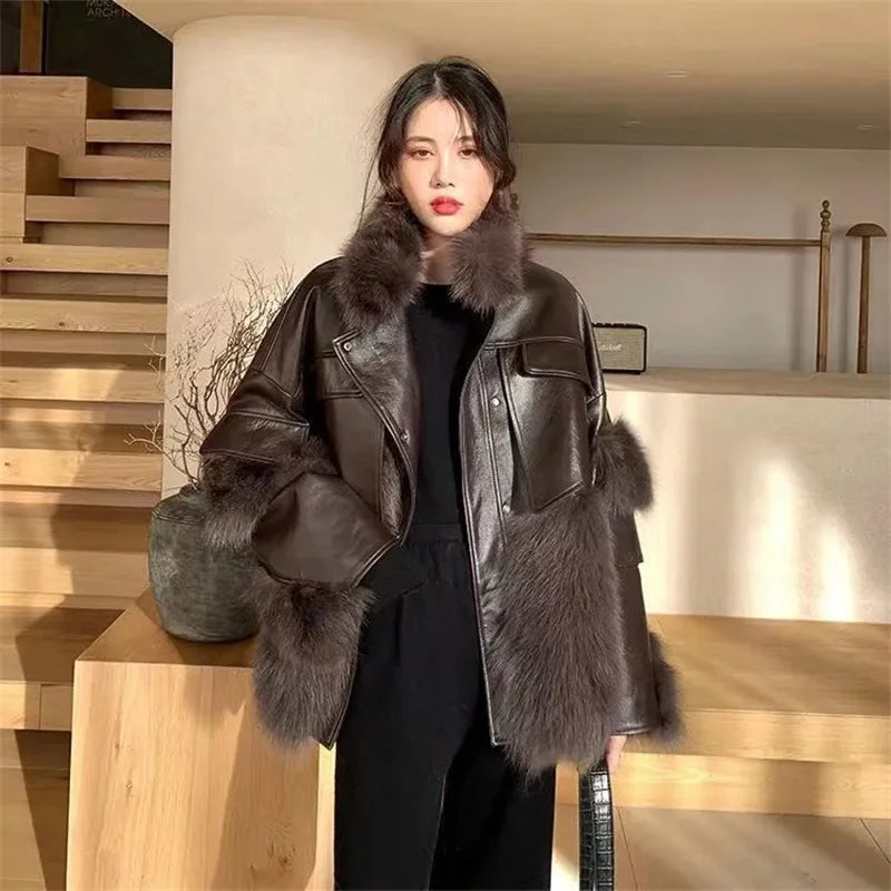 Retro Coffee Fur Coat  2024 Winter Loose Korean Version Fashionable Imitation for wome Fox Fur Thickened Haining High-end Coat