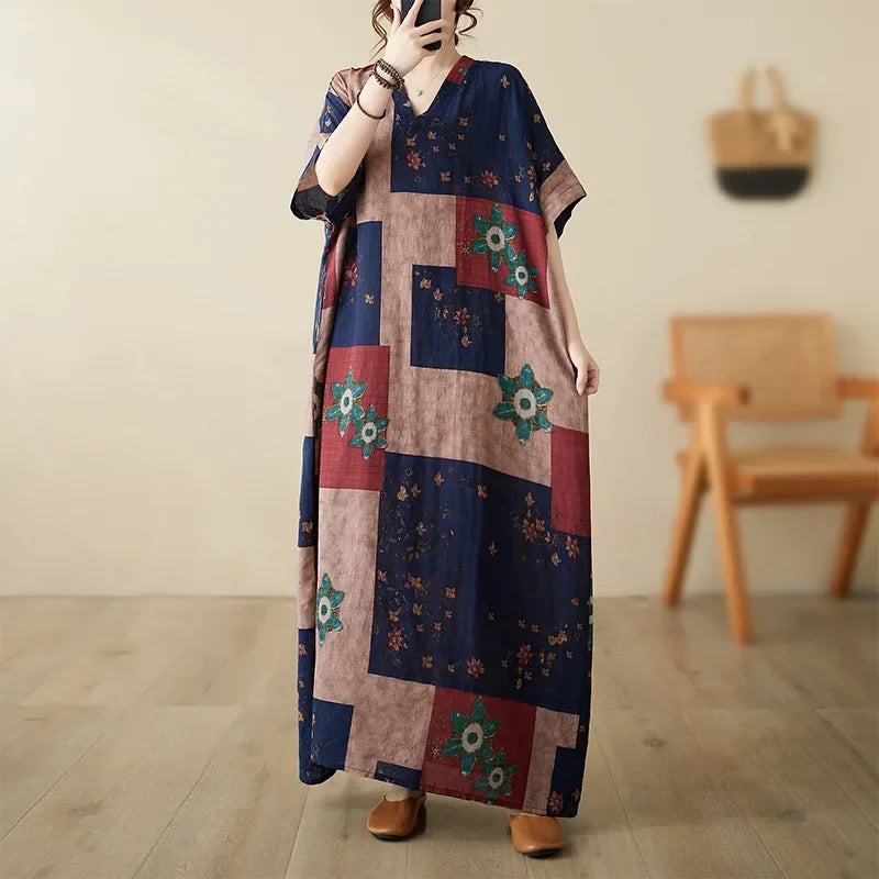 Boho Floral Cotton-Linen Summer Dress for Women – Ankle-Length, Loose Fit, O-Neck