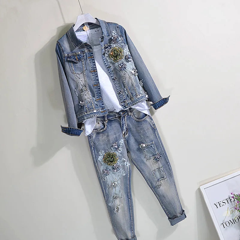 Two Piece Set Spring and Autumn Beads Sequin with Holes Jeans + Tops  Women's Jeans jacket