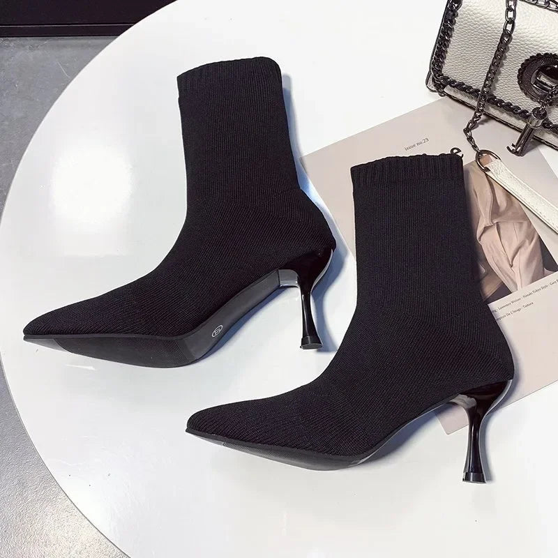 Female Shoes, 2024 Plus Size Knitted Ankle Boots Concise Stretch Boots Pointed Toe Slip on Thin Heels Shoes