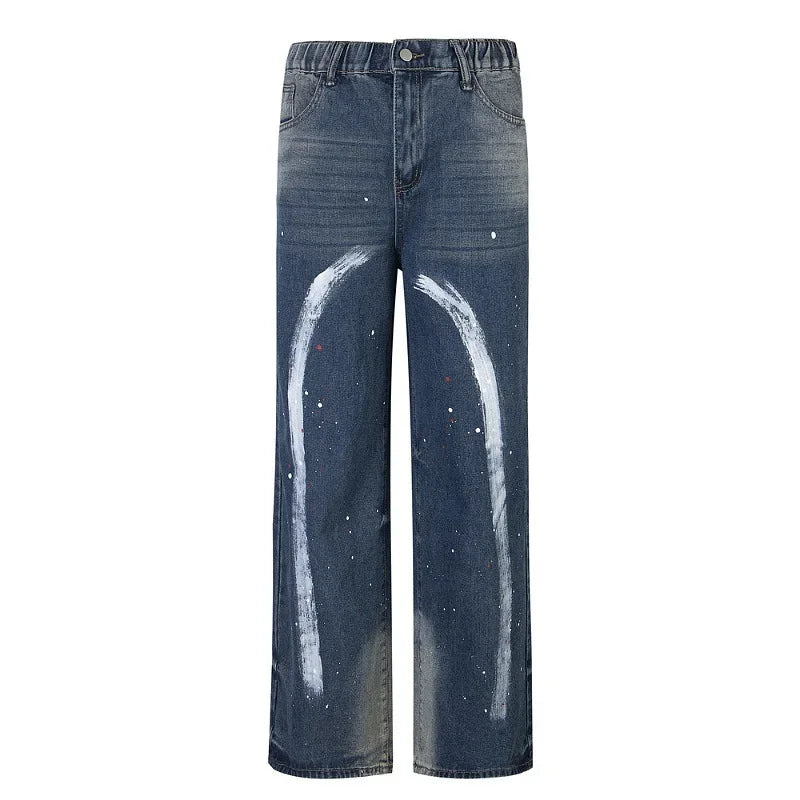 American Vintage Street Style Denim Trousers For Men Trendy Loose Fit Splatter Design Sensibility Casual Straight-leg Pants