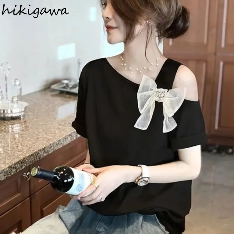 HIKIGAWA Women's Casual Summer Tee – Bow Detail, O-Neck, Short Sleeve Cotton Blend