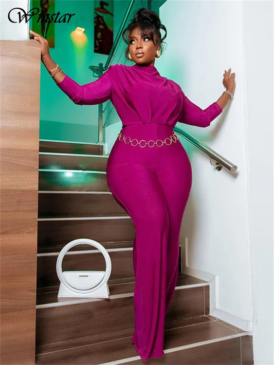 Wmstar Plus Women's Office Lady Autumn/Winter Two-Piece Set with Wide Leg Pants & O-Neck Top