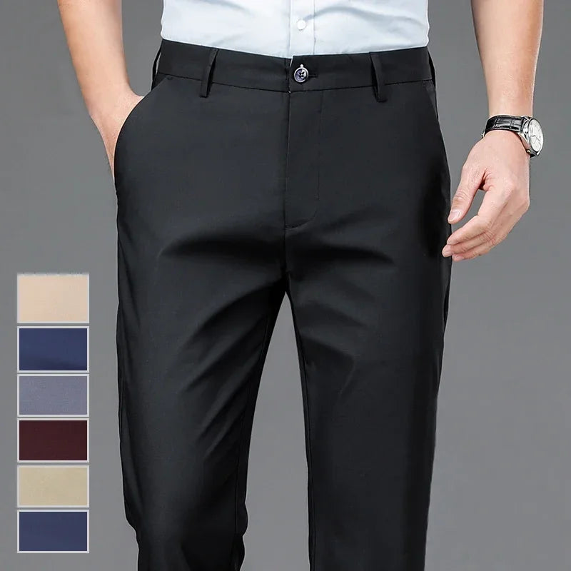 Men's Stretchy Casual Business Pants Spring Summer Breathable Full Length Home Work Trousers