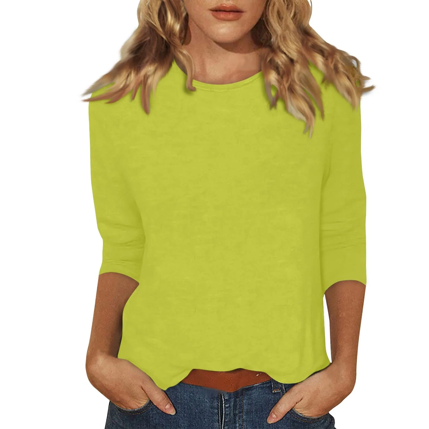 Women's Summer T-Shirts 2024 Fashion Casual Everyday Versatile O-Neck 3/4 Length Sleeve Tops Solid Color T-Shirt Tops Plus Size