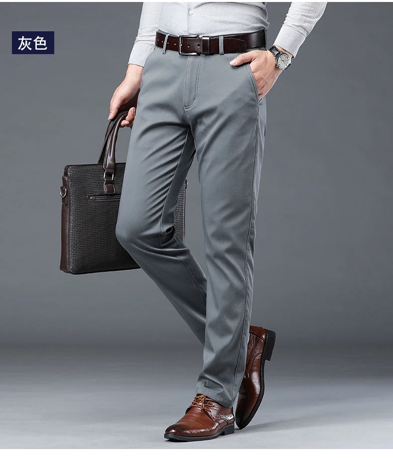 HIQOR Winter Fleece Men's Casual Pants Stretch Solid Business Straight Trousers ideally for Office .