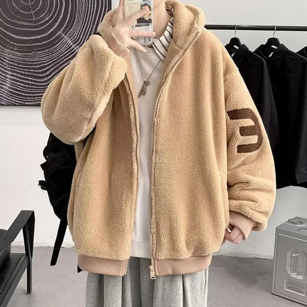 Winter Men's Jacket Thickened Plush Hooded Solid Color Letter Decorated Zipper Loose Long Sleeve Casual Men's Jacket