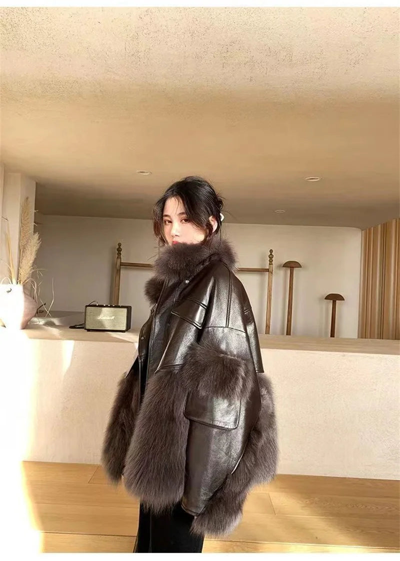 Retro Coffee Fur Coat  2024 Winter Loose Korean Version Fashionable Imitation for wome Fox Fur Thickened Haining High-end Coat