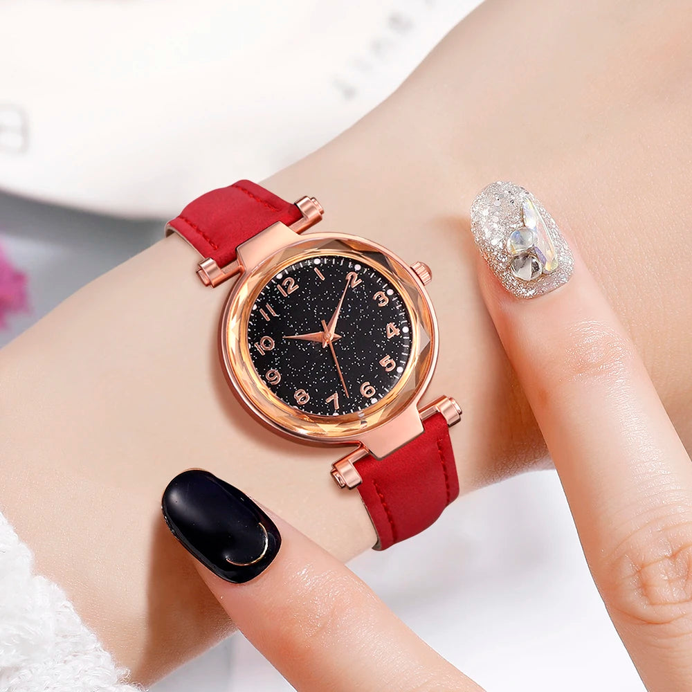 6PCS/Set Red Women's Watch With Minimalist Elements Dial Quartz Watch