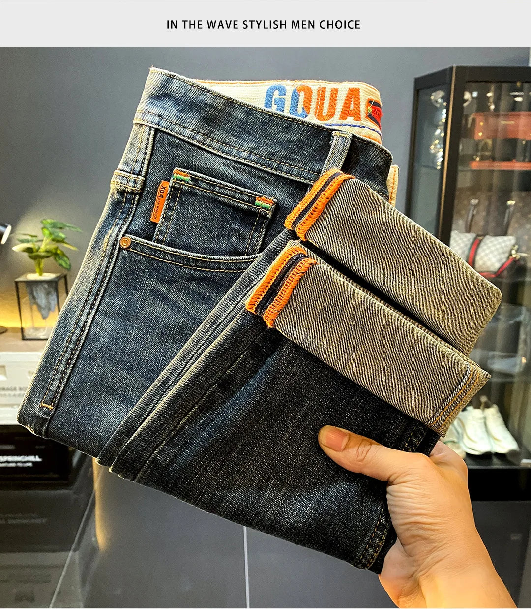 High end luxury casual jeans for men autumn winter fashion straight tube slim fit light business casual denim long pants