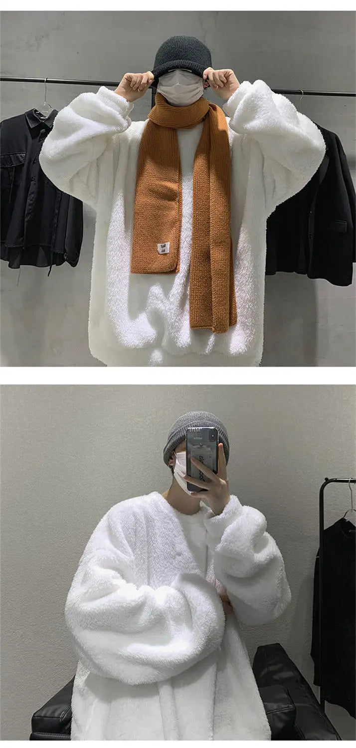 New Flannel Plush Youth Men Sweatshirt Autumn Winter Clothes v-shape Thicken Daily Warm Pullover jumper