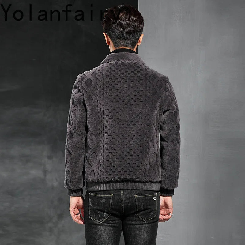 YOLANFAIRY 100% Wool Real Fur Coat Winter Shearling Jackets for Men Cropped Leather Jacket