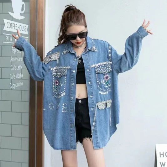 Luxury Women Diamonds Floral Beads Denim Shirts Glasses Fringed Rhinestones Rivets Jeans Bomber Jacket