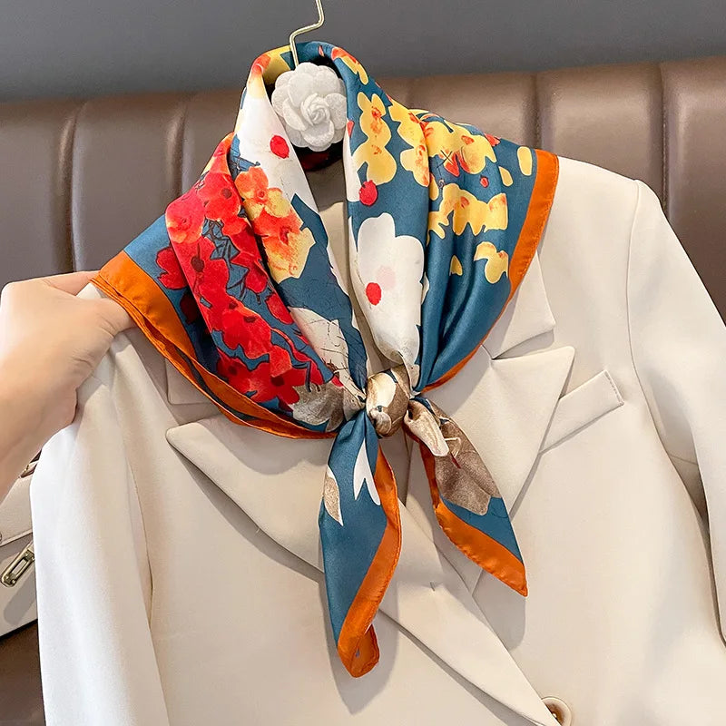 70x70cm Silk Square For Women Floral Printed Shawl Wrap Spring Summer Neckerchife Hair Band Lady Winter Scarves