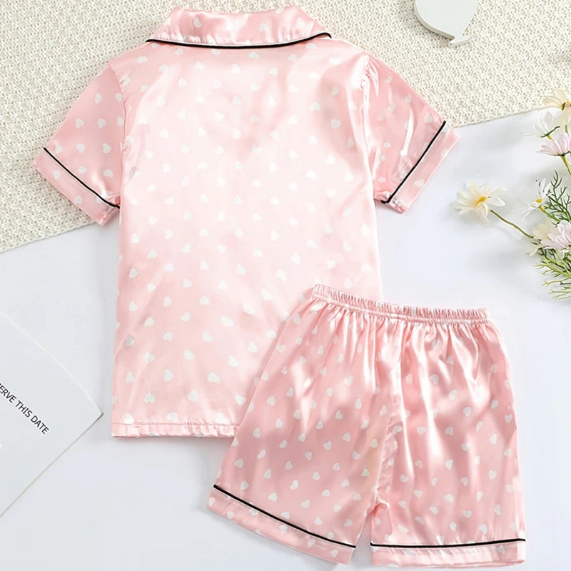 Girls Simulation Silk Short Sleeve Shorts Homewear Set Children Button Heart Lapel Pajamas 8-12 Years Old Children Pajamas Set