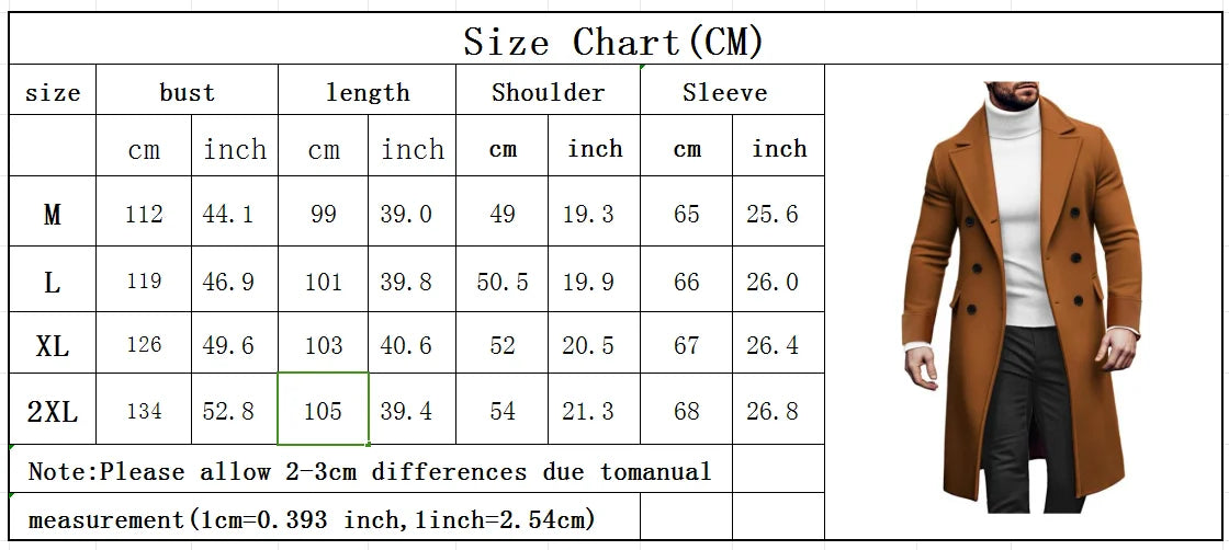 Men Long Double-breasted Coat with Lining Warm Type Wool Blend Lapel Casual Eu Size Customized overcoat