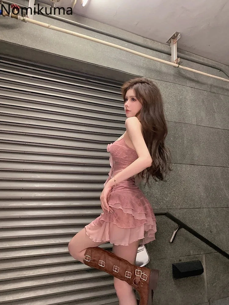 Nomikuma Women's Sexy Ruffled A-Line Mini Dress – Sleeveless V-Neck Summer Style