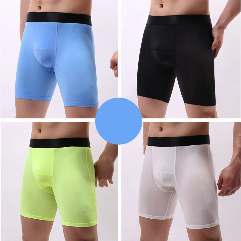 Ice Silk Lengthen Men Boxers Mid Waist Solid Underwear.