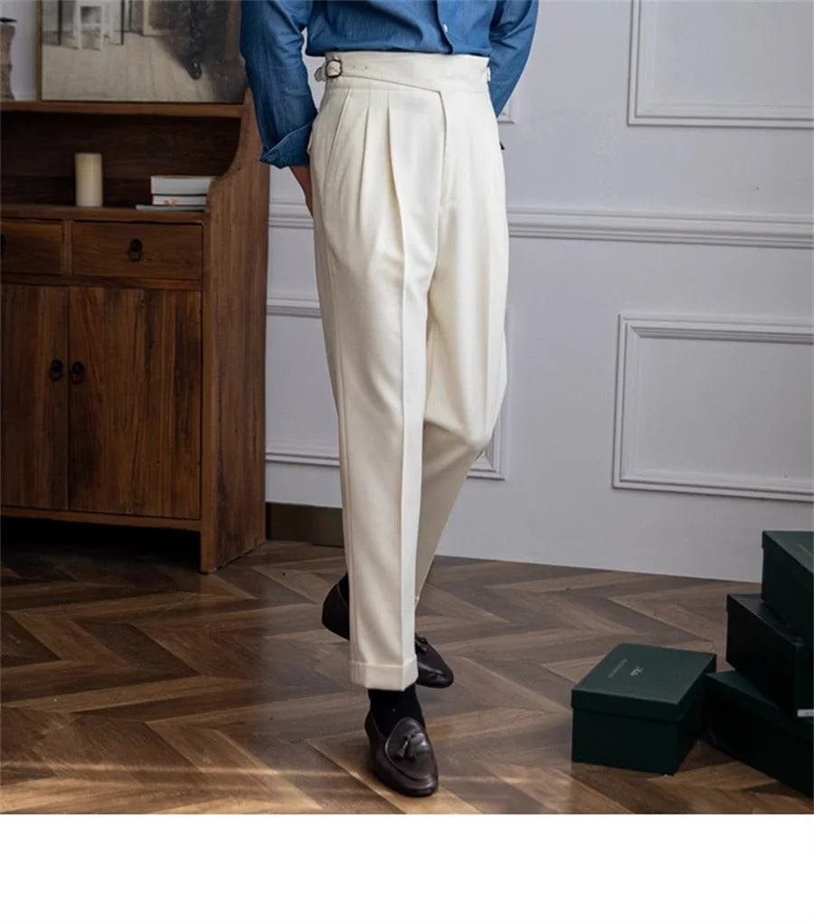 Men Solid Color Suit Trousers Spring Trendy Belt High Waist Pants Male Business Office Fashion Pleated Straight Pants Streetwear