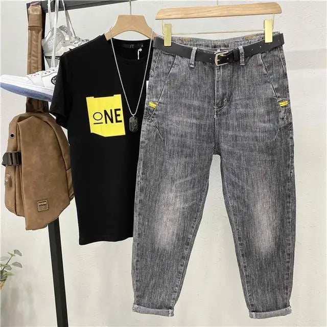 Fashionable Summer Autumn Luxury Cotton Trousers for Men Slim Solid Jeans with Stretch Classic Casual and Formal Wear Grey Jeans