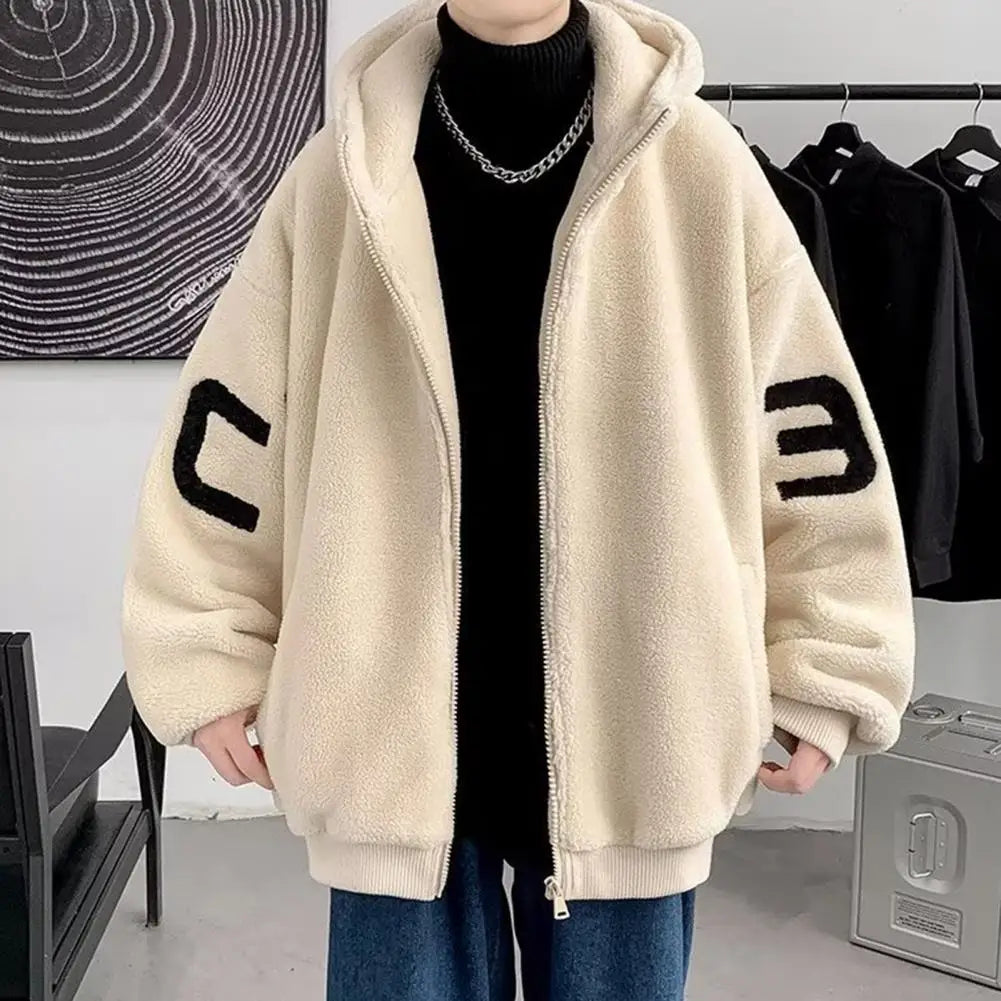 Winter Men's Jacket Thickened Plush Hooded Solid Color Letter Decorated Zipper Loose Long Sleeve Casual Men's Jacket