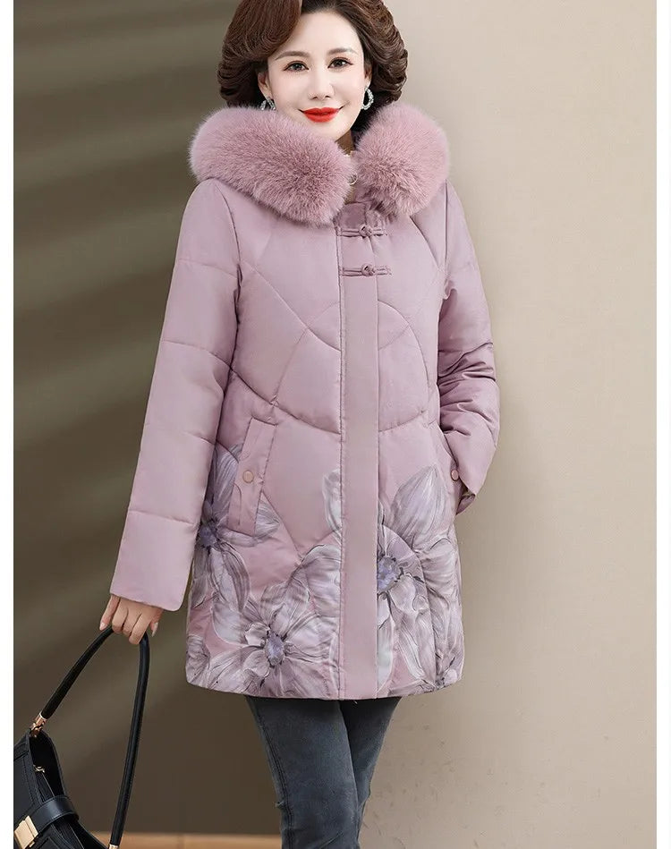 Women Winter Jacket Long Warm Thicken Cotton Padded Jacket Hooded  Middle Aged Women's Clothes